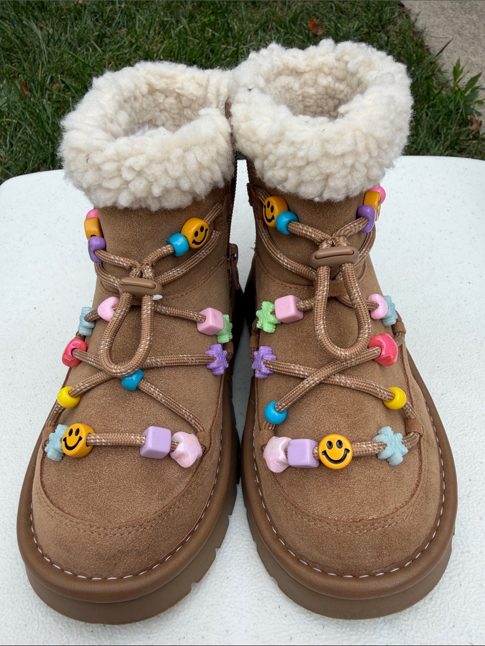 art class Tan Faux-Shearling Boots with Colorful Bead Accents